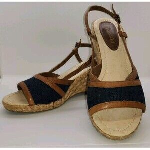 St Johns Bay Size 7.5 Denim/Tan Wedge Sandal